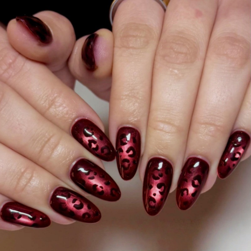 24Pcs Rose Red Cat's Eye False - Nail Art Zebra Design 评论和价格